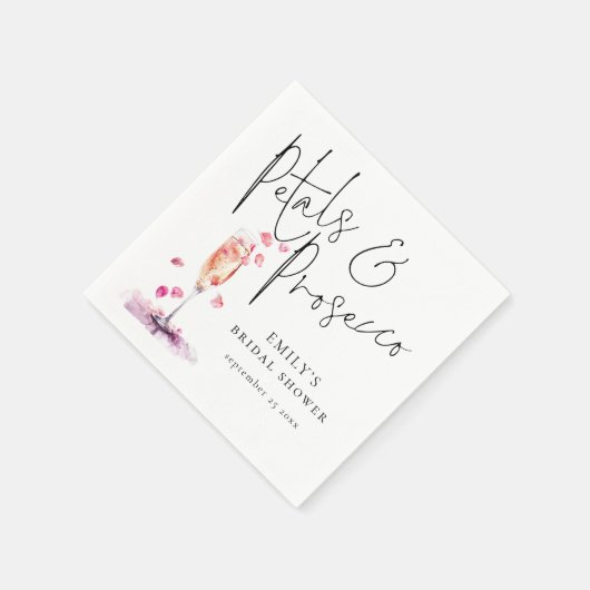 エレガントなスクリプトの花びらとプロセッコのブライズシャワー スタンダードカクテルナプキン (角)