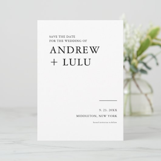 エレガントなスクリプトの「Save the Date」発表カード セーブザデート (スタンド正面)