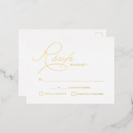 エレガントなスクリプトのRSVPゴールドメタリックウェディング 箔シーズンポストカード (正面/裏面)