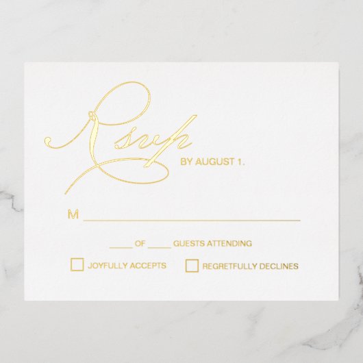 エレガントなスクリプトのRSVPゴールドメタリックウェディング 箔シーズンポストカード (正面)