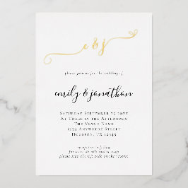 エレガントなスクリプトイニシャルQRコードウェディング リアル 箔招待状