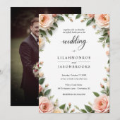 エレガントなスクリプトウェディングとブラッシュの花枠 招待状 (正面/裏面)