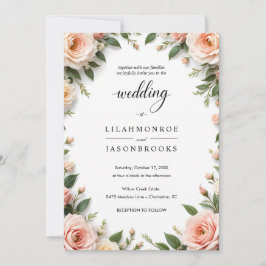 エレガントなスクリプトウェディングとブラッシュの花枠 招待状