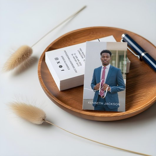 エレガントなスクリプトカリグラフィー モノグラムロゴ & 写真 名刺