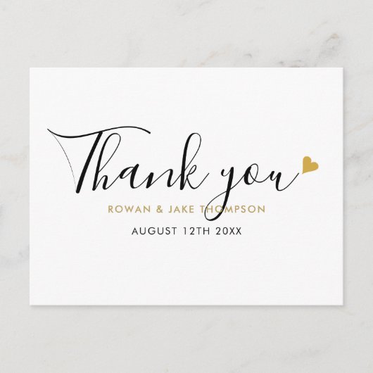 エレガントなスクリプトゴールドハート モダン サンクスカード ポストカード (正面)