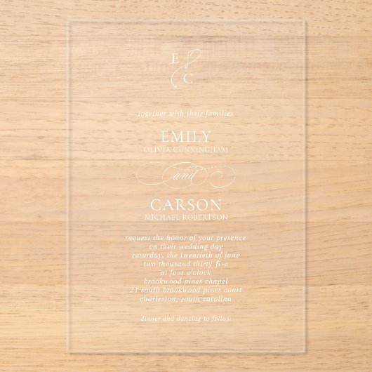 エレガントなスクリプトシンプルモノグラム現代のウェディング アクリル招待状 (正面)