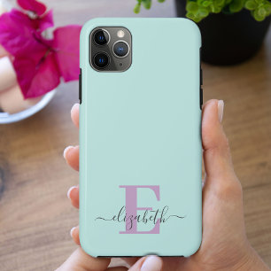 エレガントなスクリプトモノグラム ミント ライラック iPhone 11 PRO MAXケース