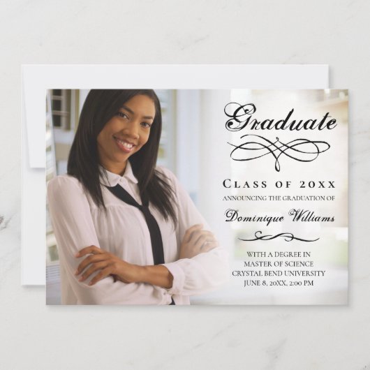 エレガントなスクリプト写真バーチャル卒業パーティー 招待状 (正面)