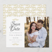 エレガントなスクリプト写真 エレガントなゴールドの鳩とハート セーブザデート (正面/裏面)