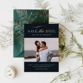 エレガントなスクリプト写真 セーブ・ザ・デート ローズゴールド 箔招待状