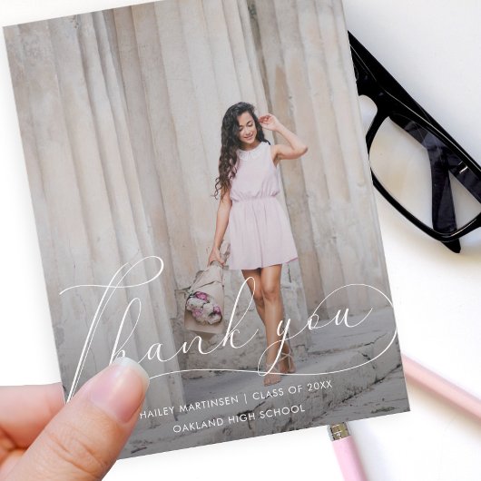 エレガントなスクリプト写真 卒業式 お礼 ポストカード