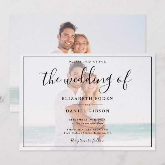 エレガントなスクリプト写真 白黒 ウェディング 招待状 (正面/裏面)