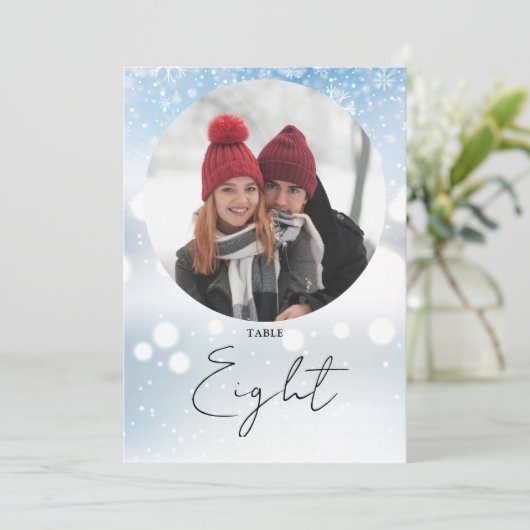 エレガントなスクリプト冬の雪の花テーブルナンバー 招待状 (スタンド正面)