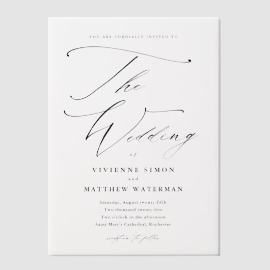 エレガントなスクリプト手書きカリグラフィー結婚式 ベラム紙招待状 (正面)