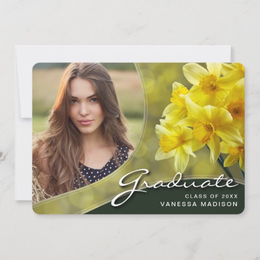 エレガントなスクリプト黄色の花 | 現代の写真卒業証書 案内状 (正面)