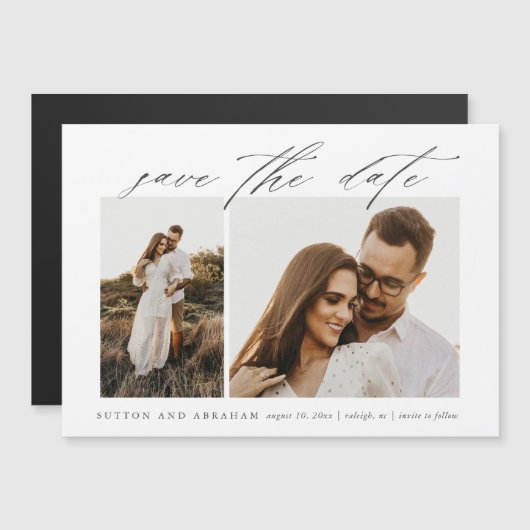 エレガントなスクリプト2枚の写真 ウェディング セーブ・ザ・デート マグネット招待状 (正面/裏面)