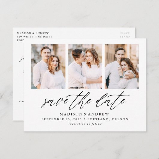 エレガントなスクリプト3枚の写真の組み合わせ Save the Date 案内ポストカード (正面/裏面)