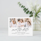 エレガントなスクリプト3枚の写真の組み合わせ Save the Date 案内ポストカード (スタンド正面)