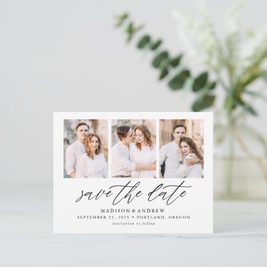 エレガントなスクリプト3枚の写真の組み合わせ Save the Date 案内ポストカード (スタンド正面)
