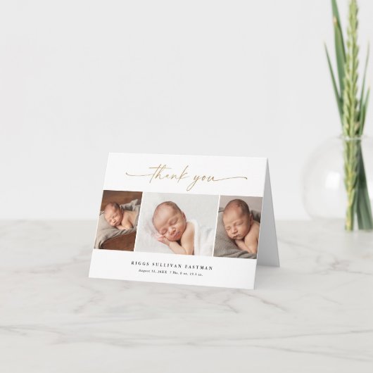エレガントなスクリプト3枚の写真コラージュベイビー サンキューカード (正面)