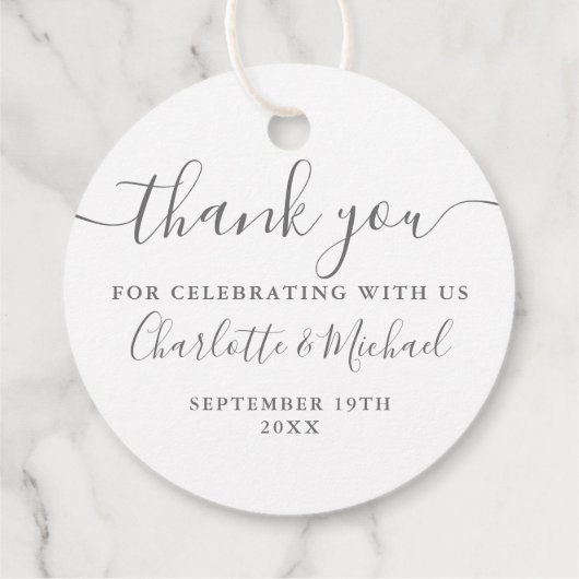エレガントなスクリプト お礼 グレーとホワイトのウェディング フェイバータグ (裏面)