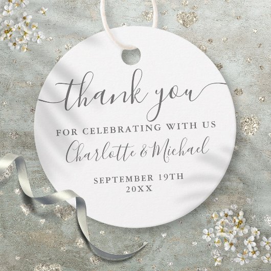 エレガントなスクリプト お礼 グレーとホワイトのウェディング フェイバータグ