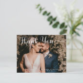 エレガントなスクリプト クラシック ウェディング フォト サンクス ポストカード (スタンド正面)