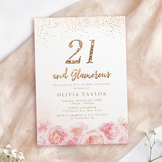 エレガントなスクリプト ゴールドとブッシュの花 21歳の誕生日 招待状