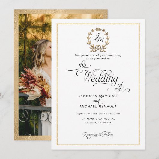 エレガントなスクリプト ゴールド リング モノグラム フォト ウェディング 招待状 (正面/裏面)