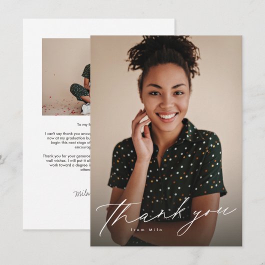 エレガントなスクリプト シンプル ツー フォト 卒業 サンキューカード (正面/裏面)