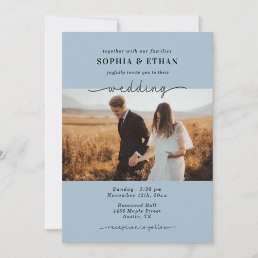 エレガントなスクリプト ダスティーブルー フォト ウェディング 招待状 (正面)