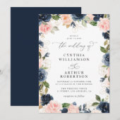 エレガントなスクリプト ネイビーとブラッシュ フローラル ウェディング 招待状 (正面/裏面)