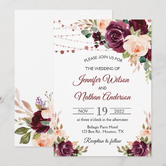 エレガントなスクリプト バーガンディ フラワー ウェディング 招待状 (正面/裏面)