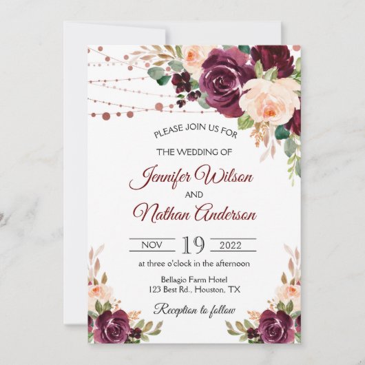 エレガントなスクリプト バーガンディ フローラル ウェディング 招待状 (正面)