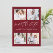 エレガントなスクリプト バーガンディ 4 枚の写真のコラージュ セーブザデート (スタンド正面)