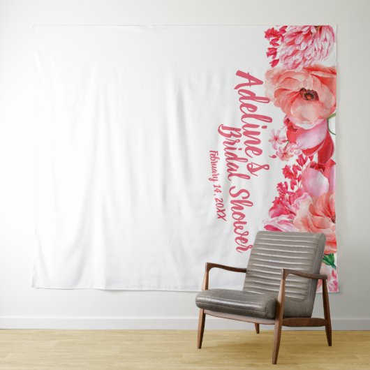 エレガントなスクリプト ピンクウォーターカラー フローラル ブライダルシャワー タペストリー (インサイチュ(横))