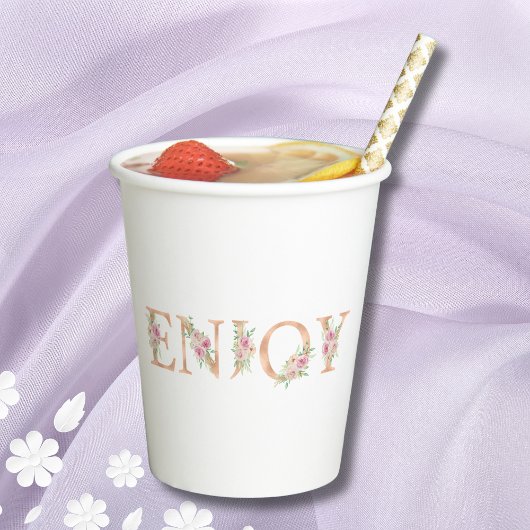 エレガントなスクリプト フローラル ピンク ローズ ブライダル シャワー 紙コップ