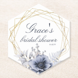 エレガントなスクリプト フローラル ブルー ホワイト ブライダル シャワー ペーパーコースター