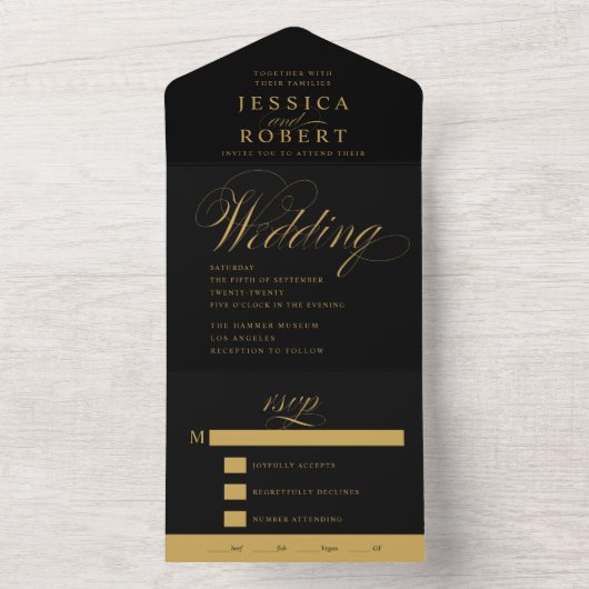 エレガントなスクリプト ブラックとゴールドのカリグラフィー ウェディング オールインワン招待状 (内側)