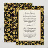 エレガントなスクリプト ブラックゴールド グリッター ダマスク ウェディング 招待状 (正面/裏面)