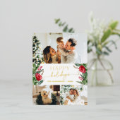 エレガントなスクリプト ボタニカル フラワーズ 3 フォト ゴールド 箔シーズンポストカード (立ち正面)