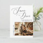 エレガントなスクリプト | ミニマルな清潔な写真ウェディング セーブザデート (スタンド正面)