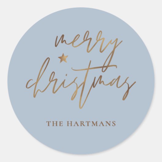 エレガントなスクリプト メリークリスマス ゴールド スター ブルー ラウンドシール (正面)
