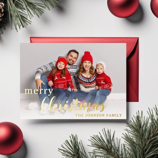 エレガントなスクリプト メリークリスマス フォト ゴールド 箔シーズンカード