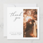 エレガントなスクリプト ロマンチック フォト ウェディング スクエア サンキューカード (正面)