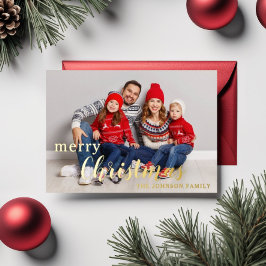 エレガントなスクリプト ワンフォト メリークリスマス ゴールド 箔シーズンカード