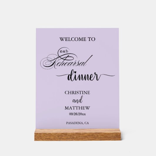 エレガントなスクリプト 紫のリハーサルディナー ウェルカム アクリルサイン (正面)