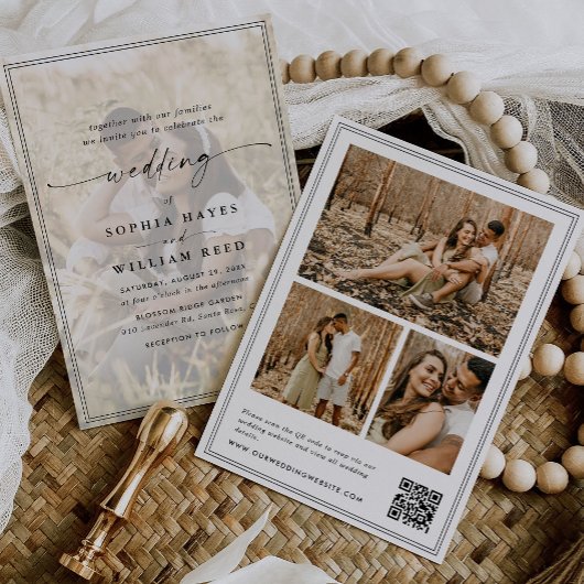 エレガントなスクリプトQRコード写真ウェディング 招待状