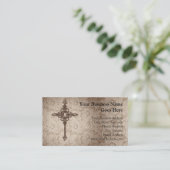 エレガントなスクロールキリスト教の十字w/Swirlの背景 名刺 (スタンド正面)