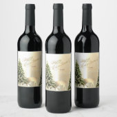 エレガントなスタイリッシュな松の木とクリスマスのトナカイ , 可愛らしい松の木と偽の金のトナカイが輝 ワインラベル (ボトル)